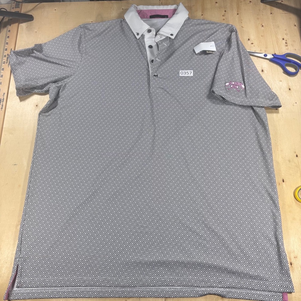 Greyson Mens XL Golf Polo Shirt Grey White Geometric Greek Key Big Spring Logo
